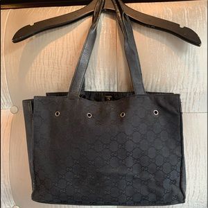 Authentic Gucci Black Canvas Leather Tote GG Logo